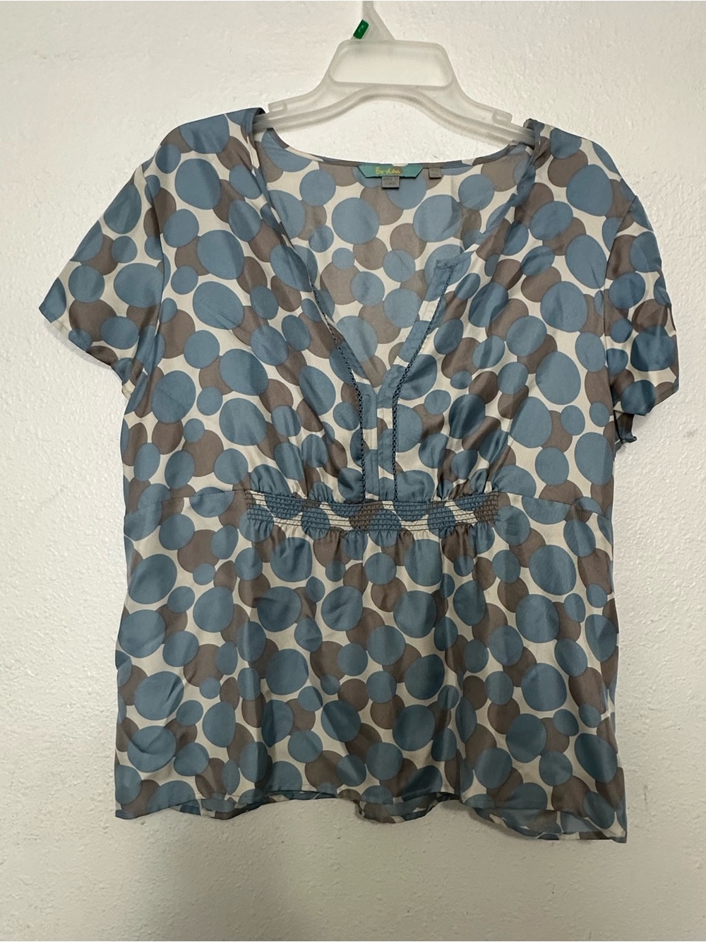 Boden silk Blue & Taupe Polka Dot V-Neck Blouse